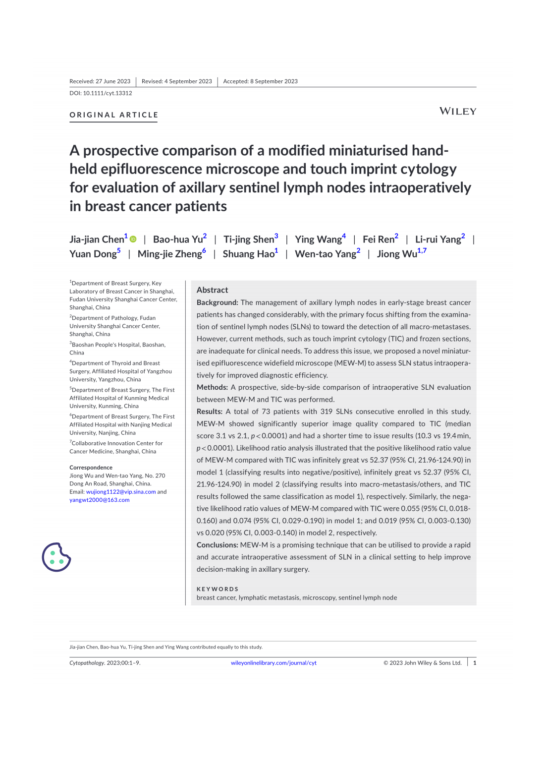【Cytopathology 2023】-乳腺癌_00.png A prospective comparison of a modified miniaturised hand-held epifluorescence microscope and touch imprint cytologyfor evaluation of axillary sentinel lymph nodes intraoperativelyin breast cancer pati(圖1)