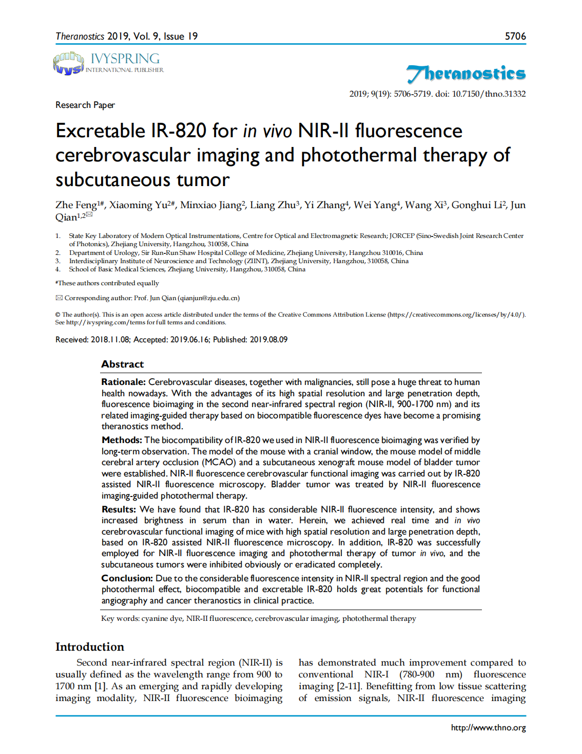 Excretable IR-820 for in vivo NIR-II fluorescence cerebrovascular imaging and photothermal therapy of subcutaneous tumor(圖1)